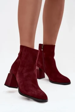 Botki Damskie Z Naturalnego Zamszu Na Słupku Ocieplane D&A CR52-718 Bordowe