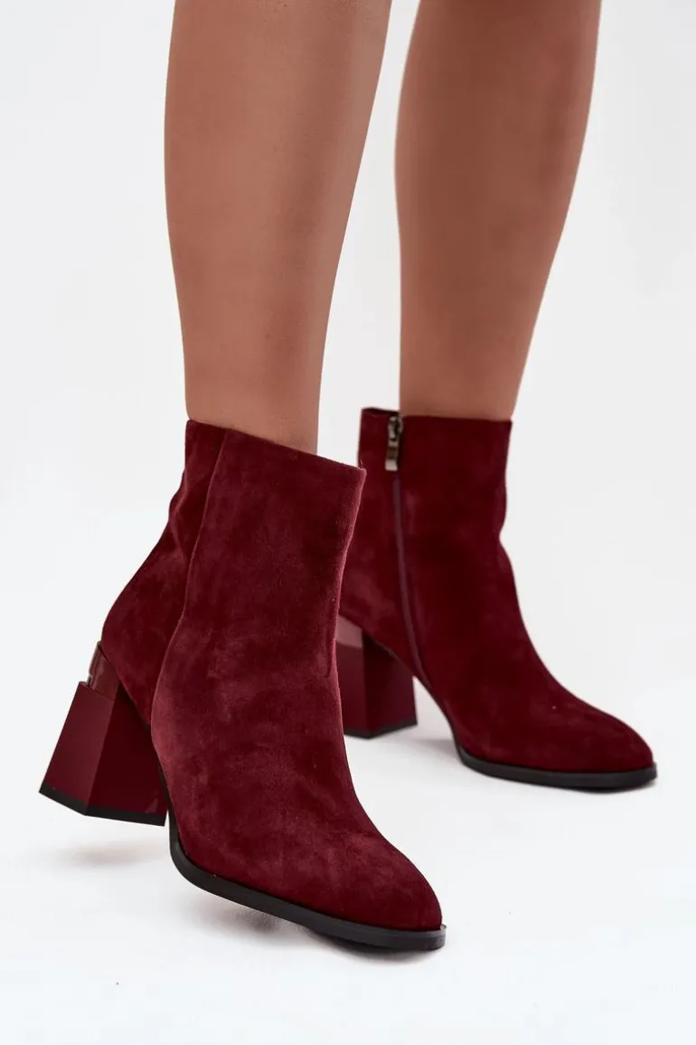 Botki Damskie Z Naturalnego Zamszu Na Słupku Ocieplane D&A CR52-718 Bordowe