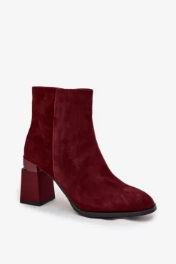 Botki Damskie Z Naturalnego Zamszu Na Słupku Ocieplane D&A CR52-718 Bordowe