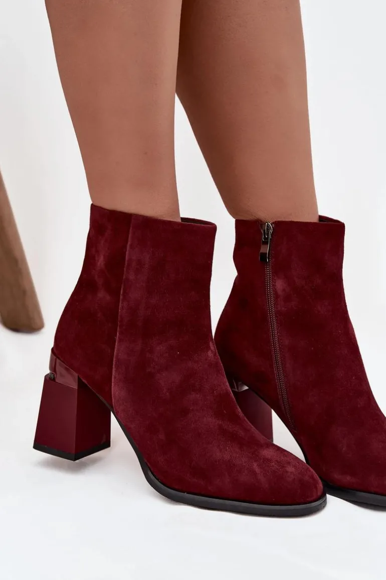 Botki Damskie Z Naturalnego Zamszu Na Słupku Ocieplane D&A CR52-718 Bordowe