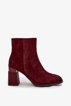 Botki Damskie Z Naturalnego Zamszu Na Słupku Ocieplane D&A CR52-718 Bordowe