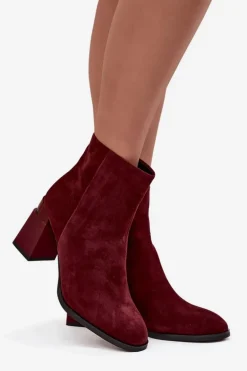 Botki Damskie Z Naturalnego Zamszu Na Słupku Ocieplane D&A CR52-718 Bordowe