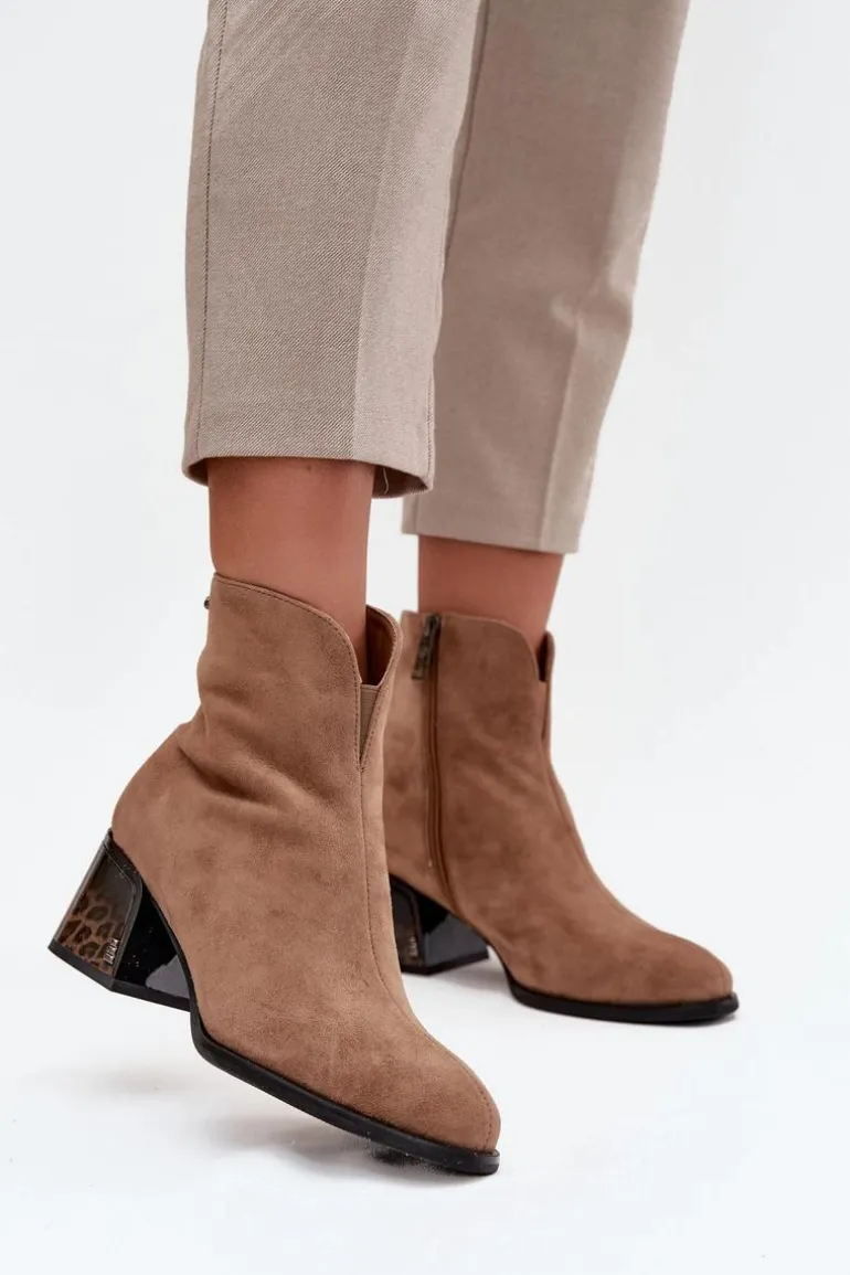 Botki Damskie Z Naturalnego Zamszu Na Obcasie Ocieplane Vinceza 66806 Camel