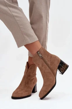 Botki Damskie Z Naturalnego Zamszu Na Obcasie Ocieplane Vinceza 66806 Camel