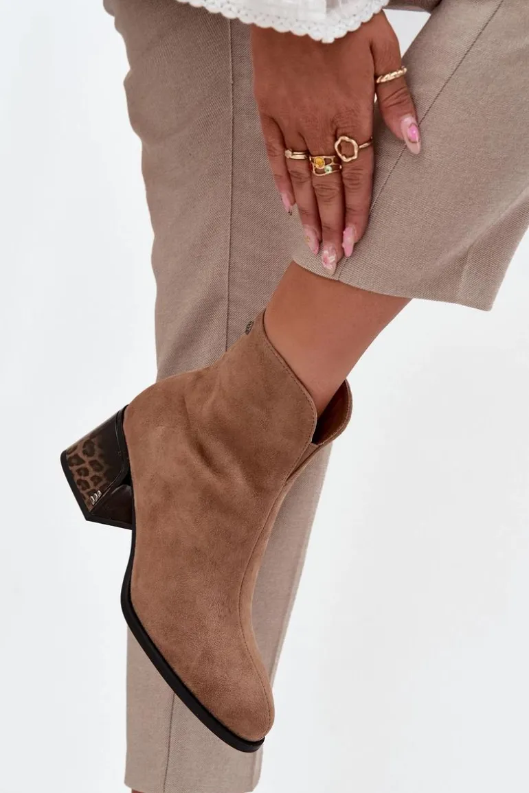 Botki Damskie Z Naturalnego Zamszu Na Obcasie Ocieplane Vinceza 66806 Camel