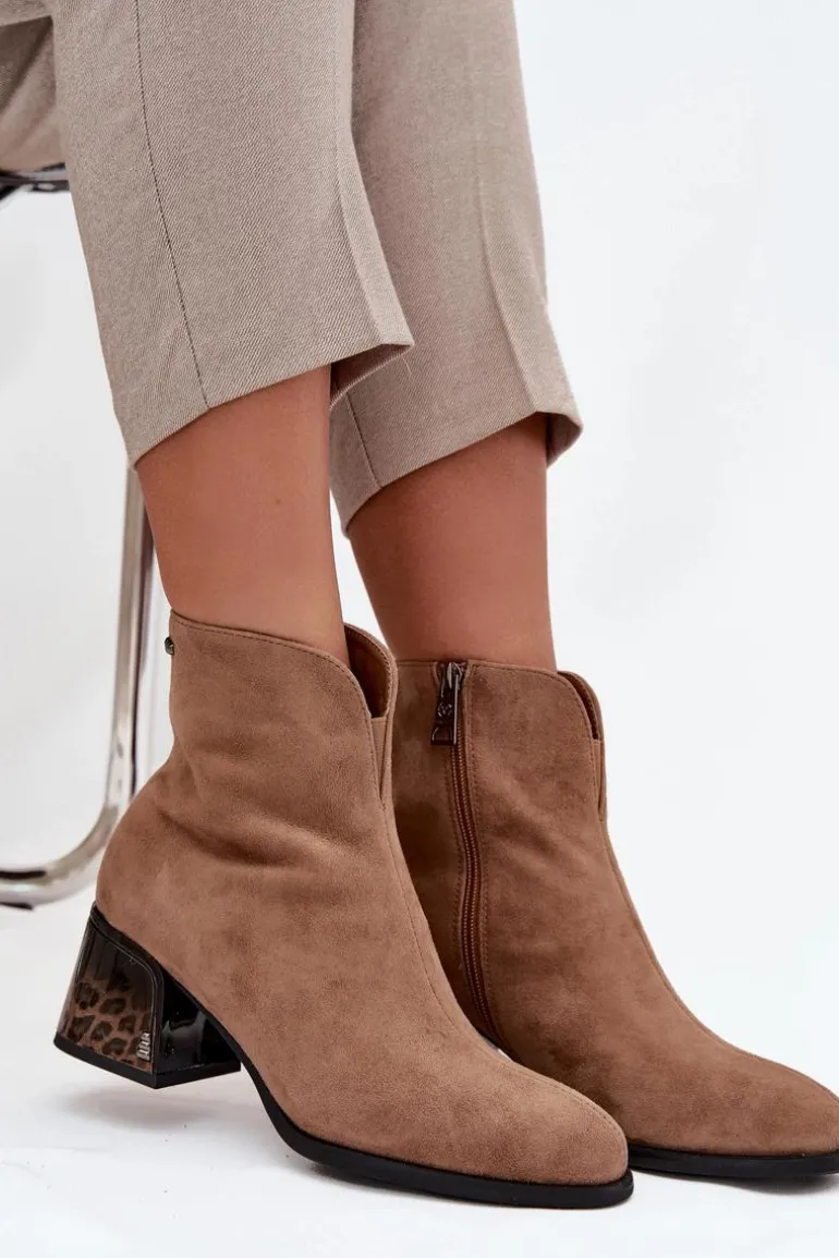 Botki Damskie Z Naturalnego Zamszu Na Obcasie Ocieplane Vinceza 66806 Camel