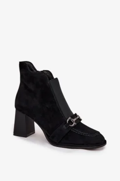 Botki Damskie Z Naturalnego Zamszu Na Słupku Artiker 57C0124 Czarne