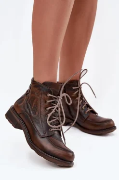 Botki Damskie Z Naturalnej Skóry Na Płaskim Obcasie Maciejka 07063-02 Brązowe