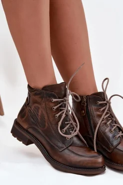 Botki Damskie Z Naturalnej Skóry Na Płaskim Obcasie Maciejka 07063-02 Brązowe