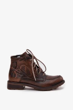 Botki Damskie Z Naturalnej Skóry Na Płaskim Obcasie Maciejka 07063-02 Brązowe