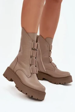 Botki Damskie Z Naturalnej Skóry Na Platformie Zazoo 3795 Beżowe