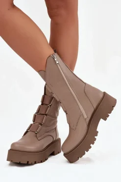 Botki Damskie Z Naturalnej Skóry Na Platformie Zazoo 3795 Beżowe