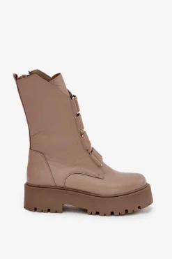 Botki Damskie Z Naturalnej Skóry Na Platformie Zazoo 3795 Beżowe