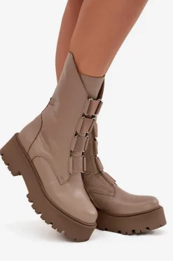 Botki Damskie Z Naturalnej Skóry Na Platformie Zazoo 3795 Beżowe