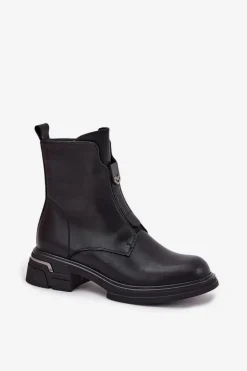 Botki Damskie Z Naturalnej Skóry Na Niskim Obcasie Czarne Karisse