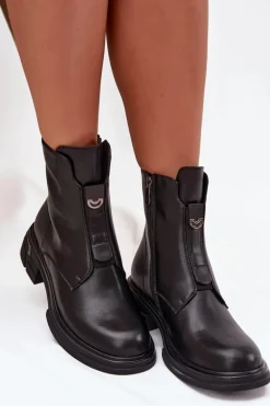 Botki Damskie Z Naturalnej Skóry Na Niskim Obcasie Czarne Karisse