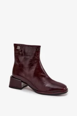 Botki Damskie Z Naturalnej Skóry Na Klocku Ocieplane D&A CR52-715 Bordowe