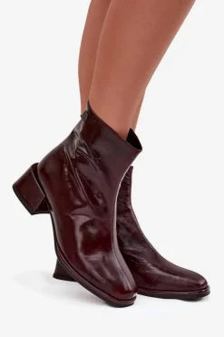 Botki Damskie Z Naturalnej Skóry Na Klocku Ocieplane D&A CR52-715 Bordowe