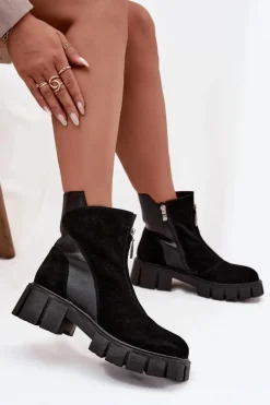 Botki Damskie Z Naturalnego Zamszu Ocieplane D&A JC52-874 Czarne