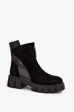 Botki Damskie Z Naturalnego Zamszu Ocieplane D&A JC52-874 Czarne