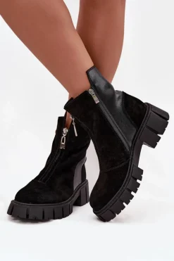 Botki Damskie Z Naturalnego Zamszu Ocieplane D&A JC52-874 Czarne