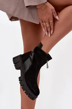 Botki Damskie Z Naturalnego Zamszu Ocieplane D&A JC52-874 Czarne