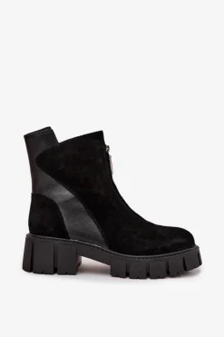 Botki Damskie Z Naturalnego Zamszu Ocieplane D&A JC52-874 Czarne