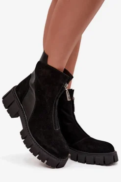 Botki Damskie Z Naturalnego Zamszu Ocieplane D&A JC52-874 Czarne
