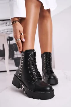 Botki Damskie Z Nitami Na Platformie Grunge Czarne Hard Rock