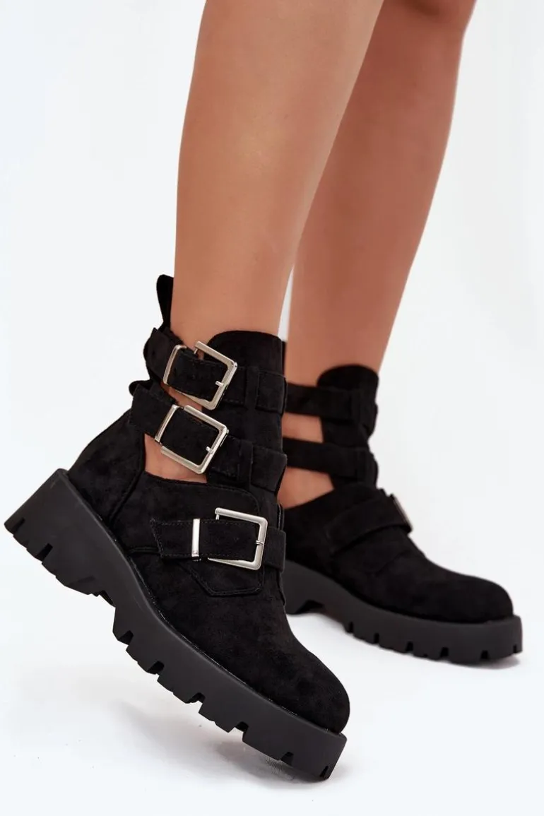 Botki Damskie Z Paskami I Srebrnymi Klamrami Czarne Helisse