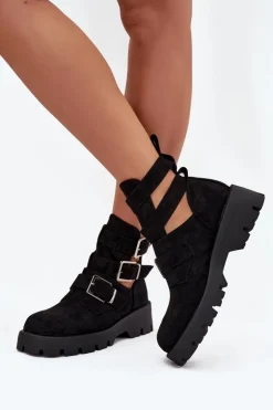 Botki Damskie Z Paskami I Srebrnymi Klamrami Czarne Helisse