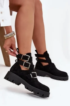 Botki Damskie Z Paskami I Srebrnymi Klamrami Czarne Helisse