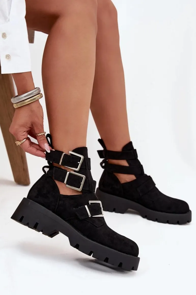 Botki Damskie Z Paskami I Srebrnymi Klamrami Czarne Helisse