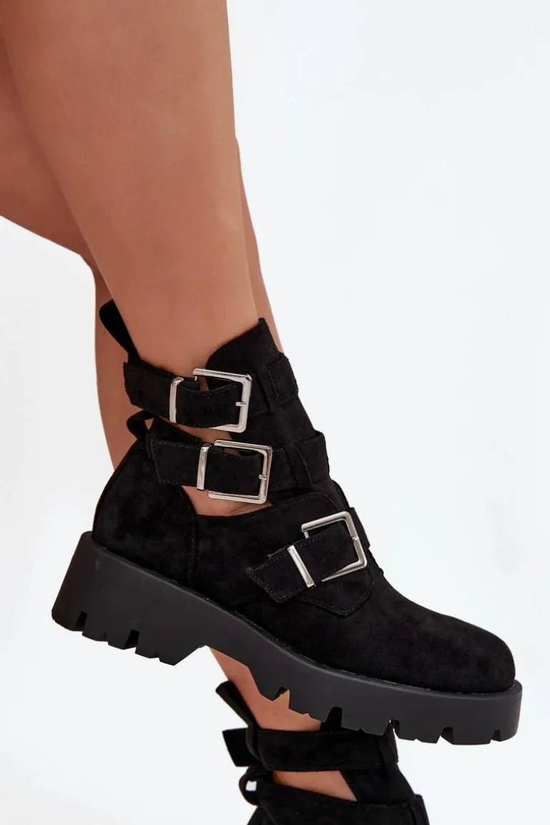 Botki Damskie Z Paskami I Srebrnymi Klamrami Czarne Helisse