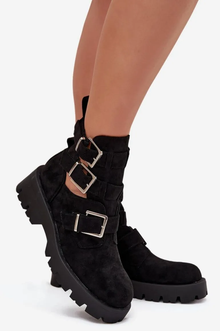 Botki Damskie Z Paskami I Srebrnymi Klamrami Czarne Helisse