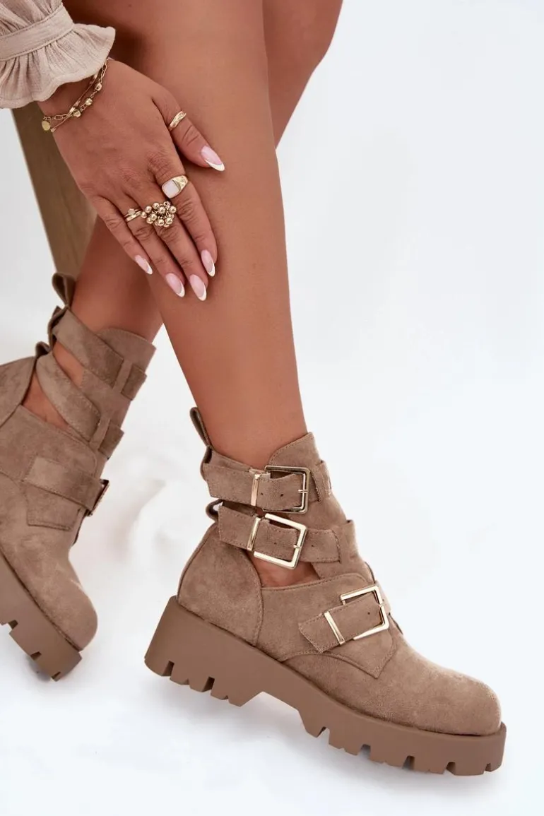 Botki Damskie Z Paskami I Złotymi Klamrami Beżowe Helisse