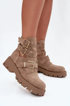 Botki Damskie Z Paskami I Złotymi Klamrami Beżowe Helisse