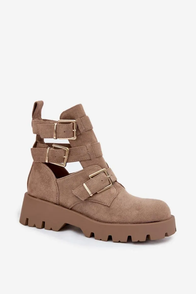 Botki Damskie Z Paskami I Złotymi Klamrami Beżowe Helisse