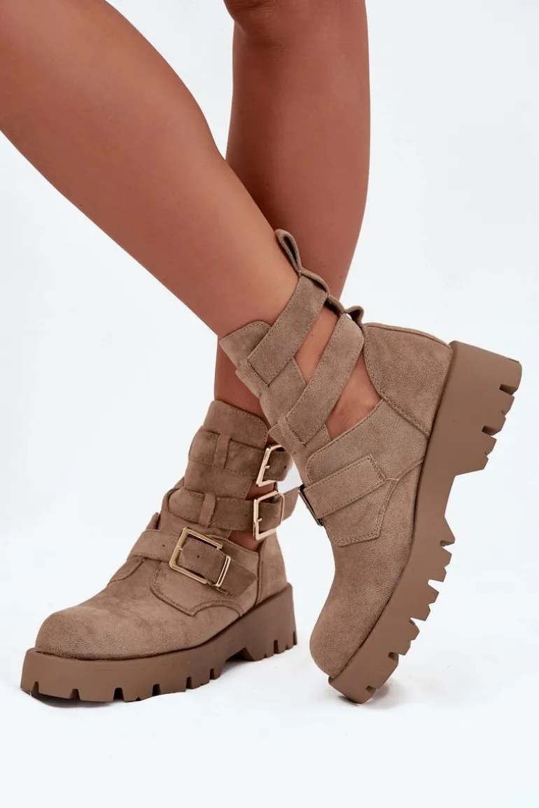 Botki Damskie Z Paskami I Złotymi Klamrami Beżowe Helisse