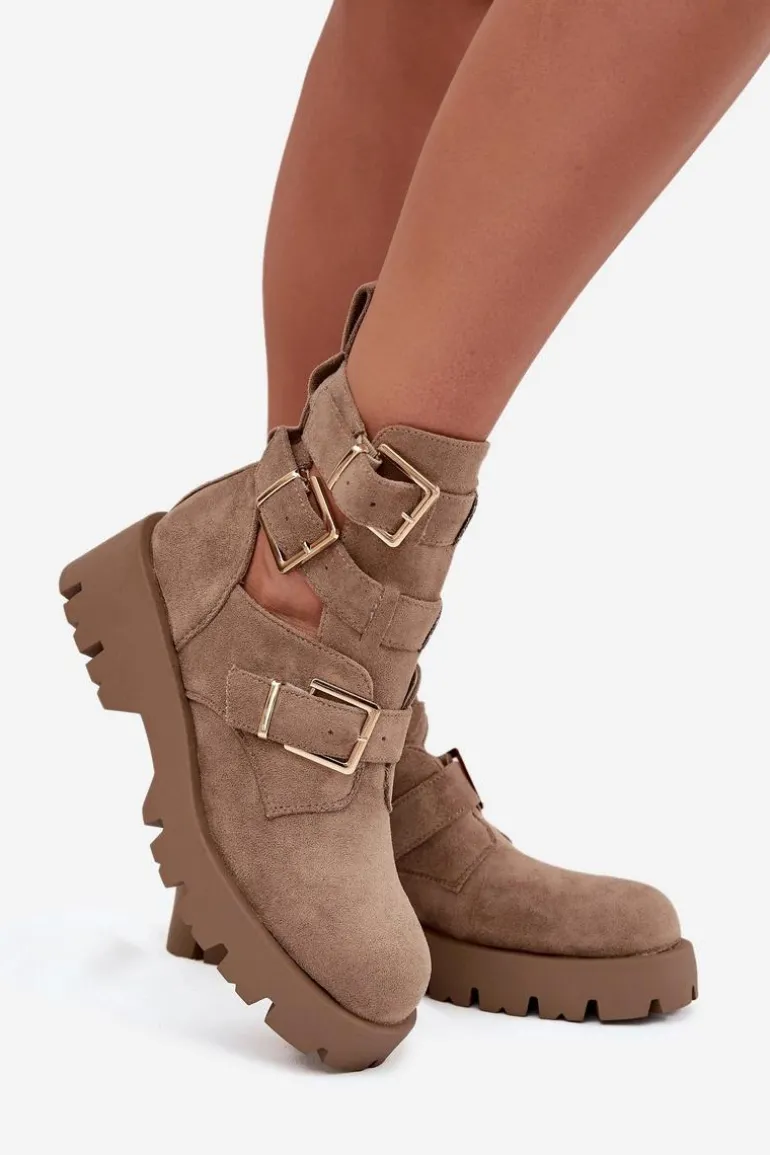 Botki Damskie Z Paskami I Złotymi Klamrami Beżowe Helisse