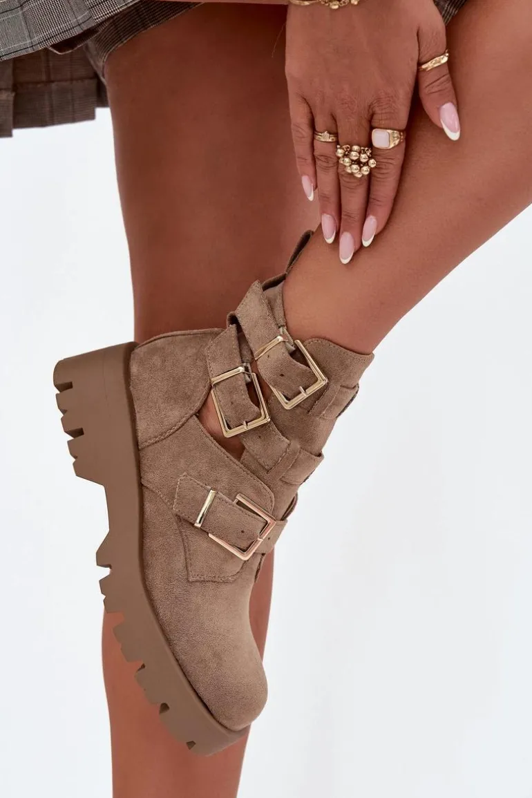 Botki Damskie Z Paskami I Złotymi Klamrami Beżowe Helisse