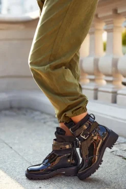 Botki Damskie z paskiem Lakierowane Czarne Joyce