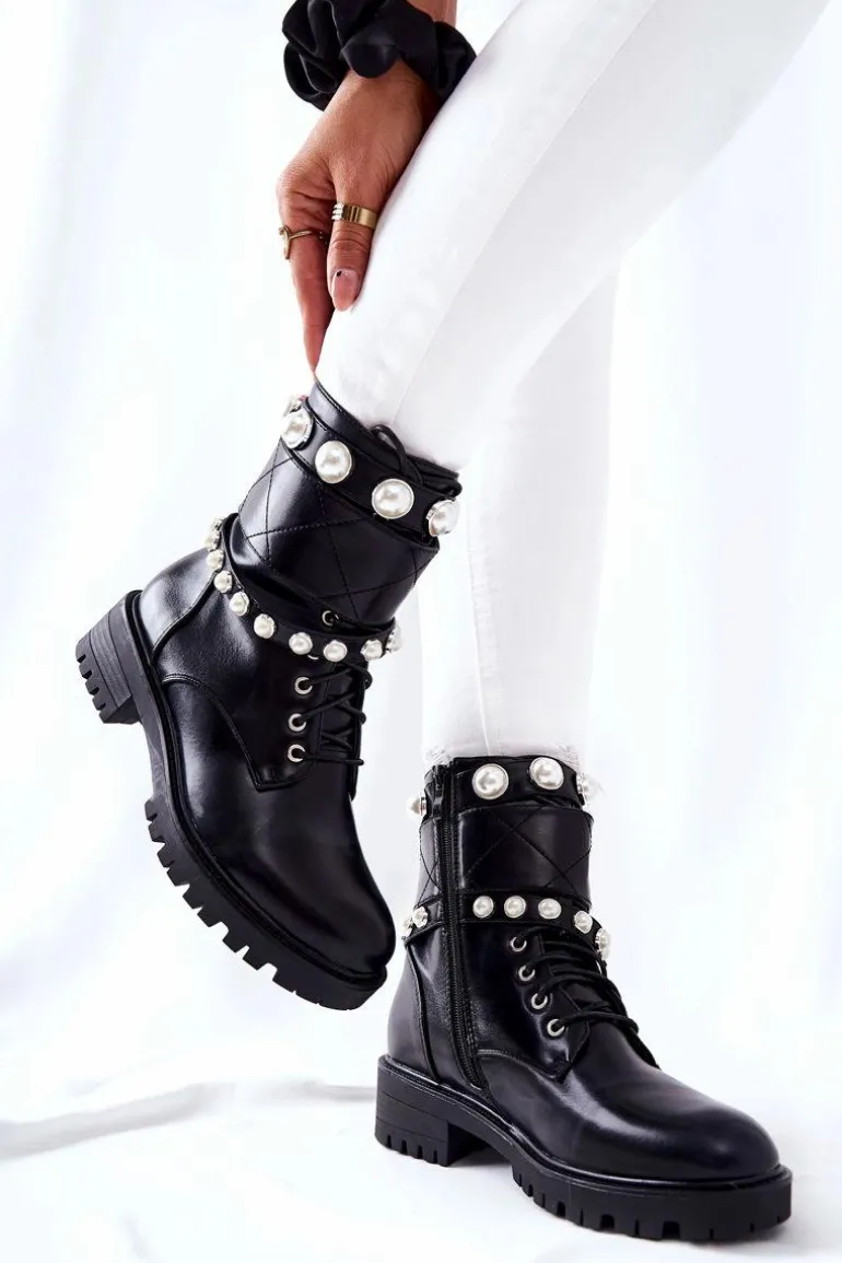 Botki Damskie Z Perełkami Czarne Mystique