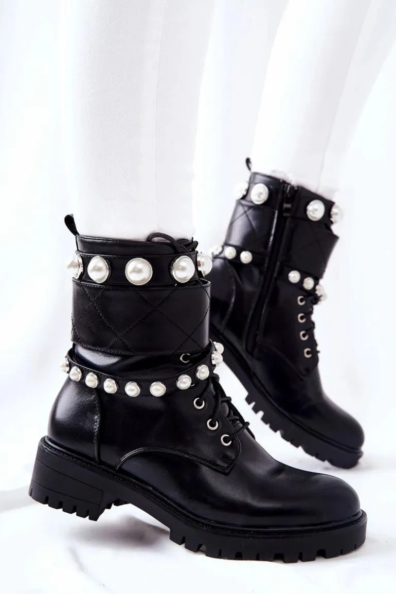 Botki Damskie Z Perełkami Czarne Mystique