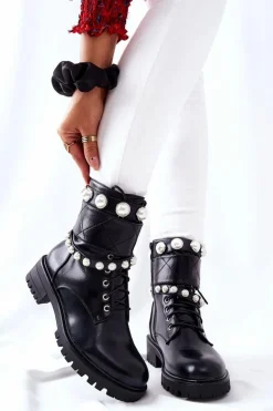 Botki Damskie Z Perełkami Czarne Mystique