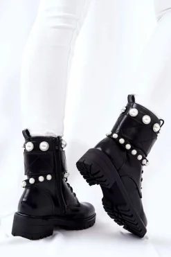 Botki Damskie Z Perełkami Czarne Mystique