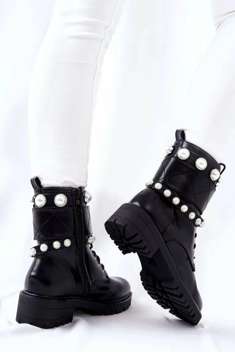 Botki Damskie Z Perełkami Czarne Mystique