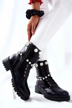 Botki Damskie Z Perełkami Czarne Mystique