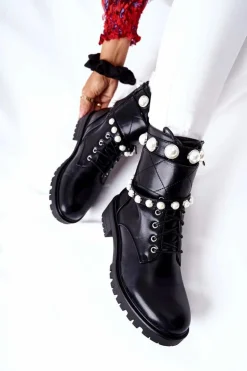 Botki Damskie Z Perełkami Czarne Mystique