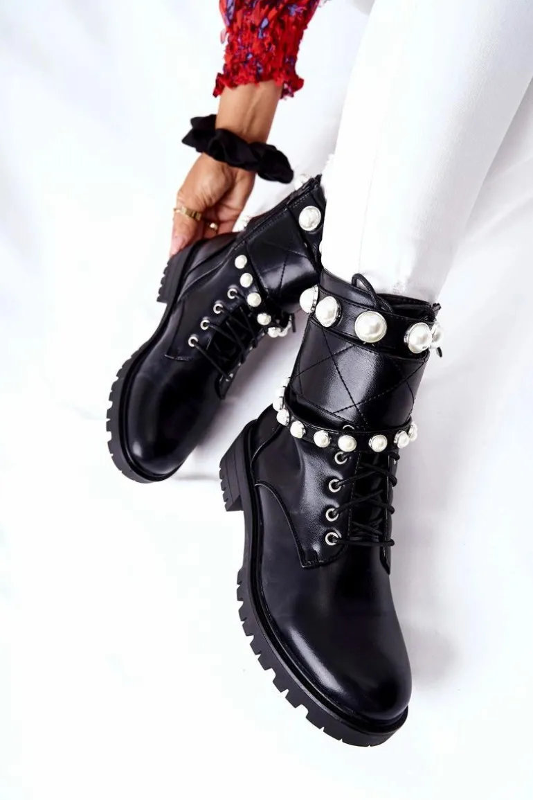 Botki Damskie Z Perełkami Czarne Mystique